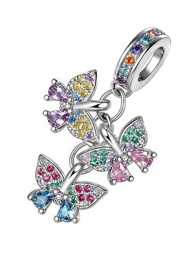 🦋 925 Sterling Silver Triple Butterfly Dangle Charm Rainbow CZ